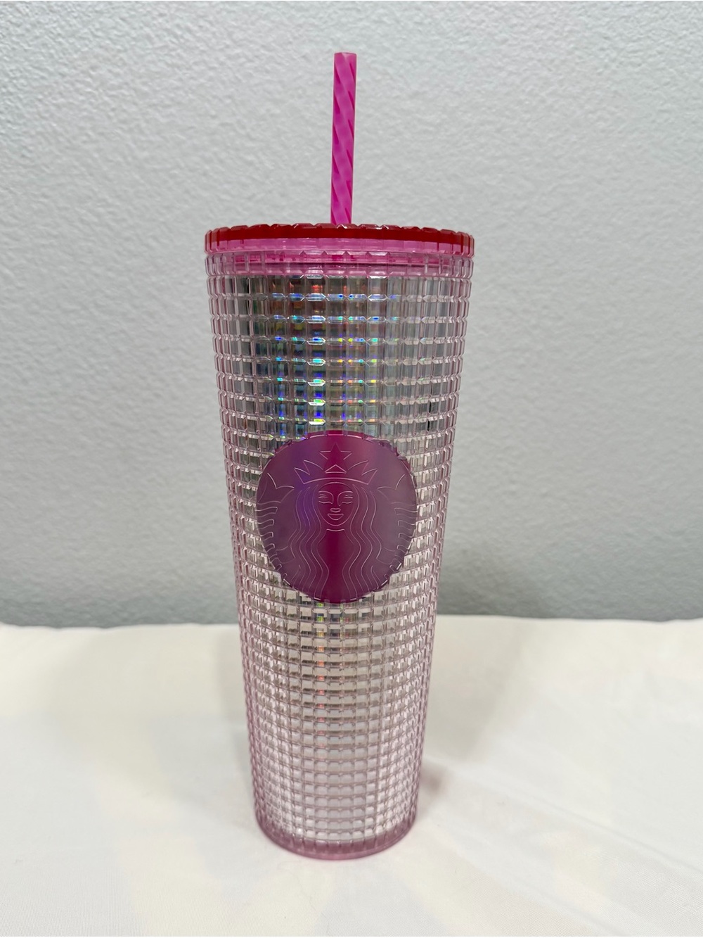 Starbucks Tumbler Iridescent Pink Silver Studded Pink Straw Water Bottle 24oz